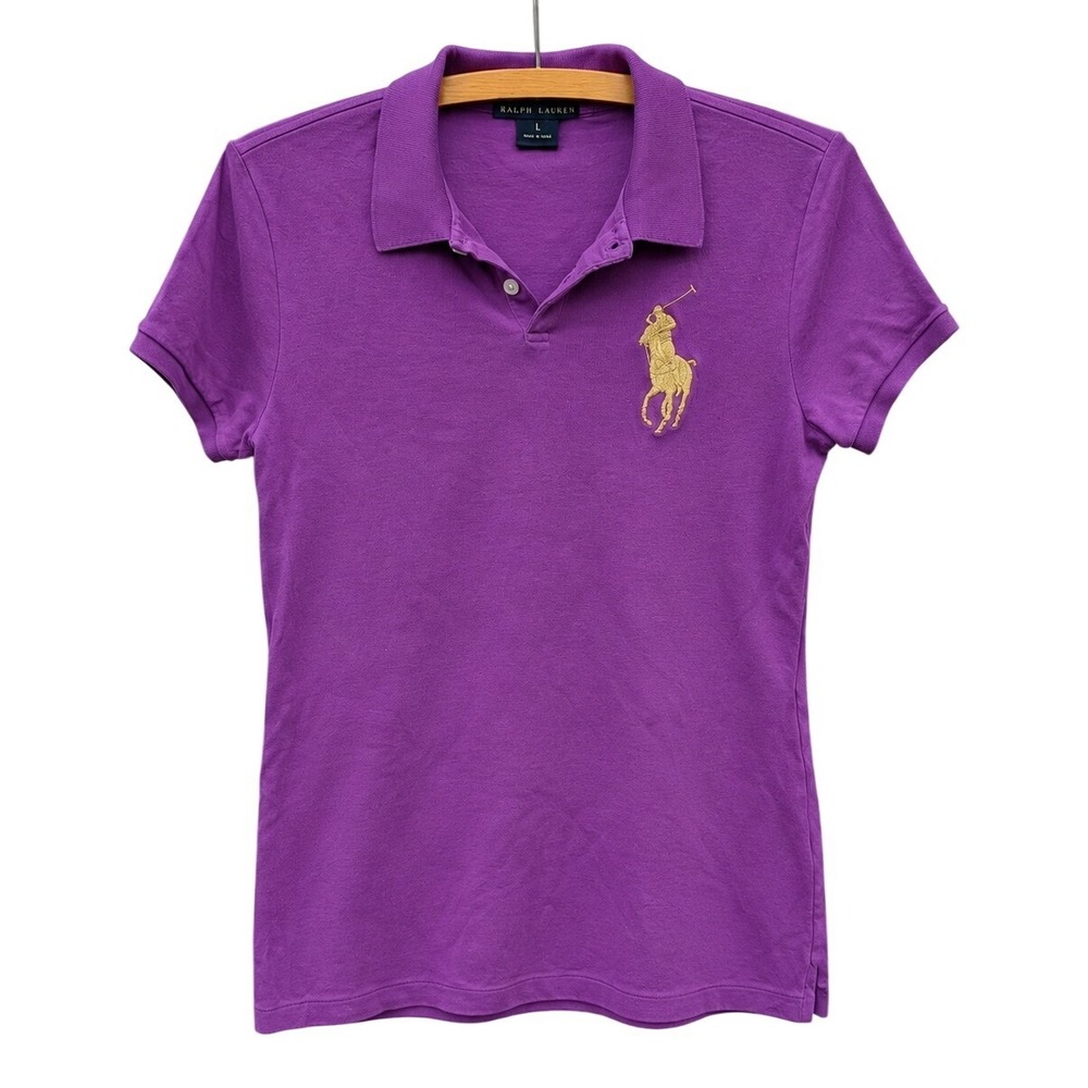Ralph Lauren Women's Purple Big Pony Gold Logo Short Sleeve Polo Shirt- Large